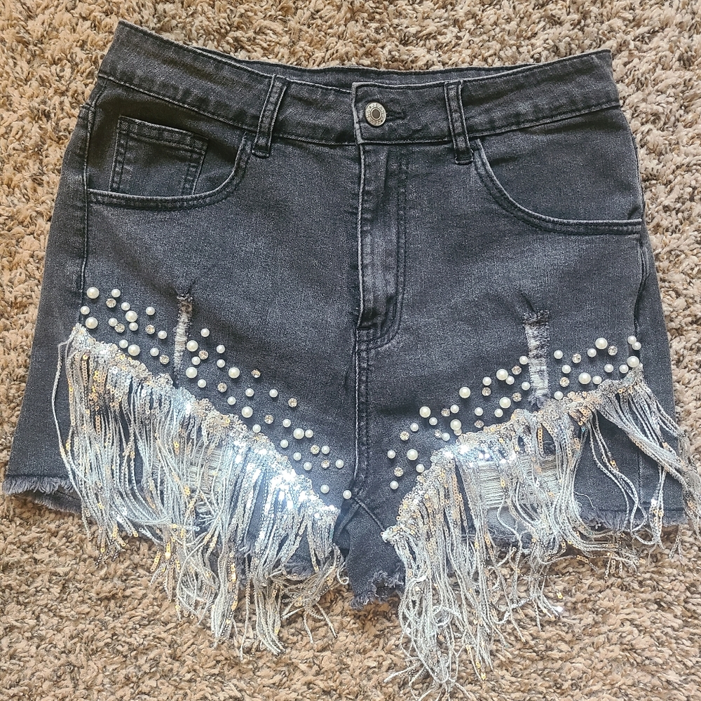 Rhinestone and sequin fringe shorts. Size L.